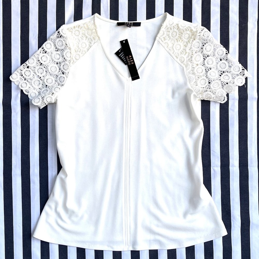 NWT Alex Marie Crochet sleeves V neck top